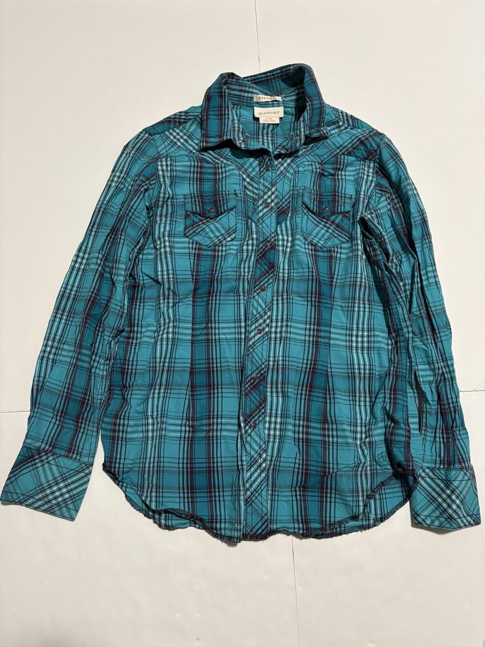 Ariat Women’s Large Fitted Western Snap Shirt Turquoise Plaid Long Sleeve